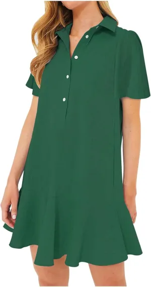 Shirt Dresses for Women Casual Short Sleeve Cotton Linen Mini Dresses Fashion V Neck Button Up Ruffle Hem Shift Dress