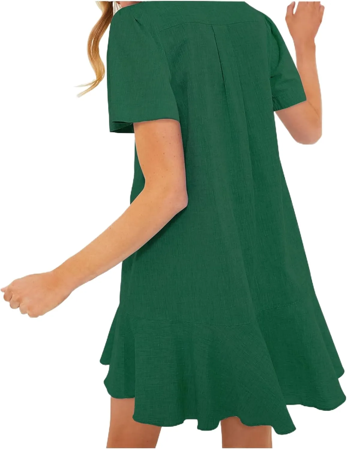 Shirt Dresses for Women Casual Short Sleeve Cotton Linen Mini Dresses Fashion V Neck Button Up Ruffle Hem Shift Dress
