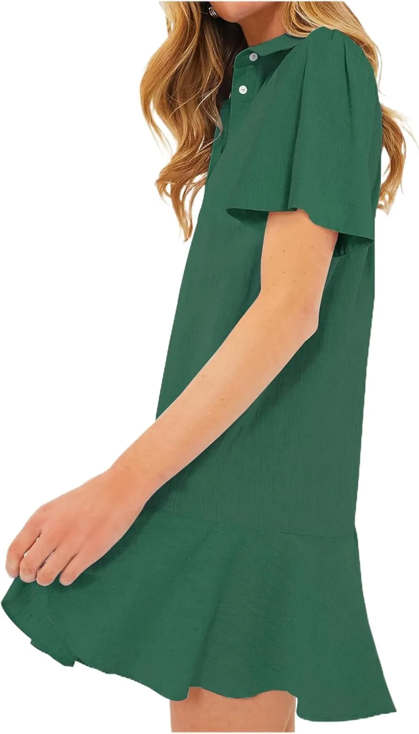 Shirt Dresses for Women Casual Short Sleeve Cotton Linen Mini Dresses Fashion V Neck Button Up Ruffle Hem Shift Dress