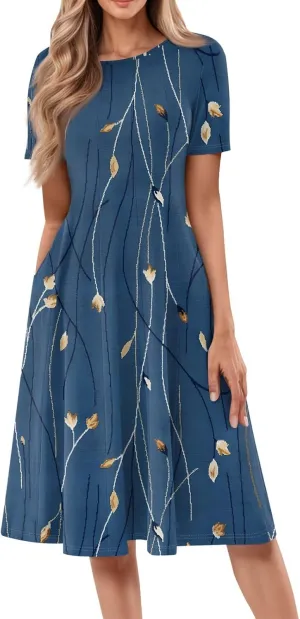 Shirt Dresses for Women Spring Midi Dresses Short Sleeve Dress Crew Neck A Line Elegant Dress with Pocket