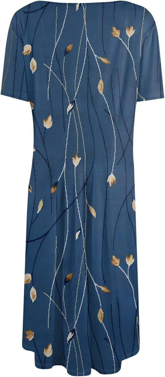 Shirt Dresses for Women Spring Midi Dresses Short Sleeve Dress Crew Neck A Line Elegant Dress with Pocket