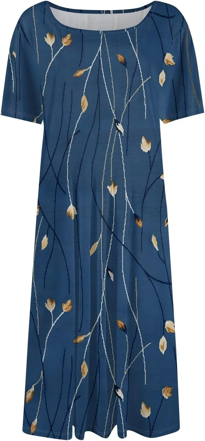 Shirt Dresses for Women Spring Midi Dresses Short Sleeve Dress Crew Neck A Line Elegant Dress with Pocket