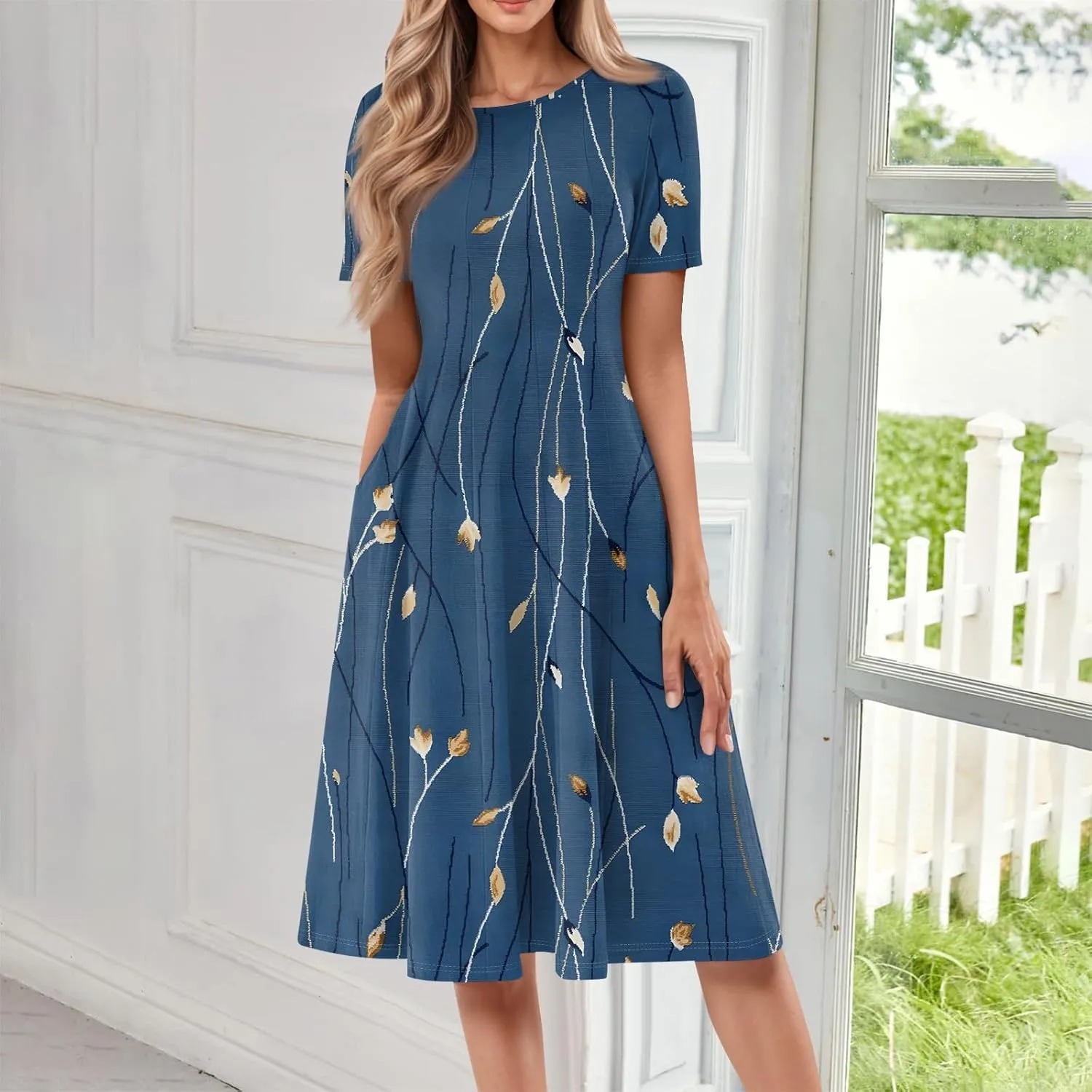 Shirt Dresses for Women Spring Midi Dresses Short Sleeve Dress Crew Neck A Line Elegant Dress with Pocket
