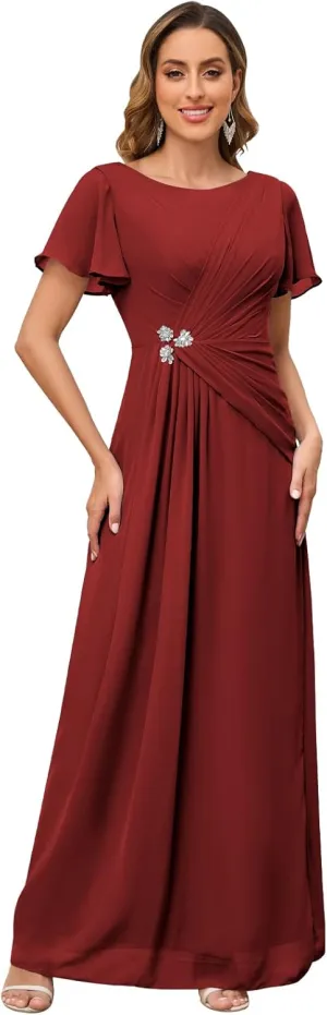 Short Sleeve Mother of The Bride Dresses for Women Scoop Neck Pleated Chiffon Long Formal Evening Gown