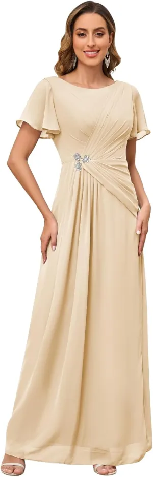 Short Sleeve Mother of The Bride Dresses for Women Scoop Neck Pleated Chiffon Long Formal Evening Gown