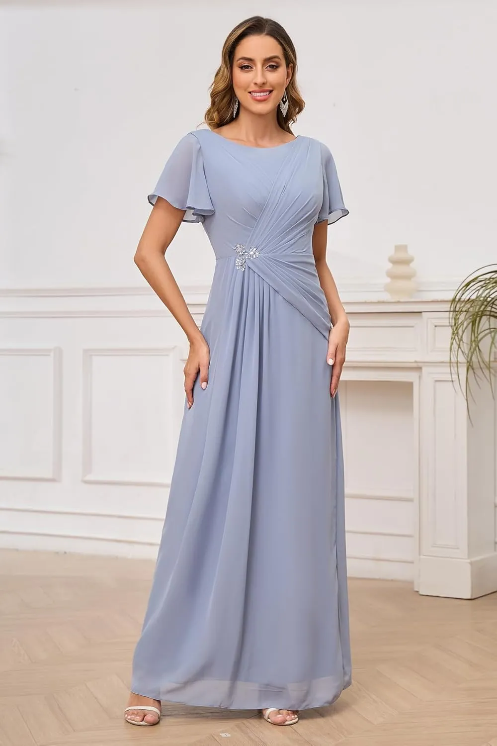 Short Sleeve Mother of The Bride Dresses for Women Scoop Neck Pleated Chiffon Long Formal Evening Gown