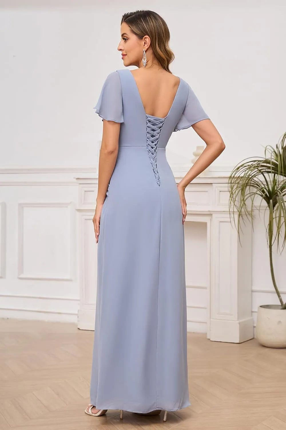 Short Sleeve Mother of The Bride Dresses for Women Scoop Neck Pleated Chiffon Long Formal Evening Gown
