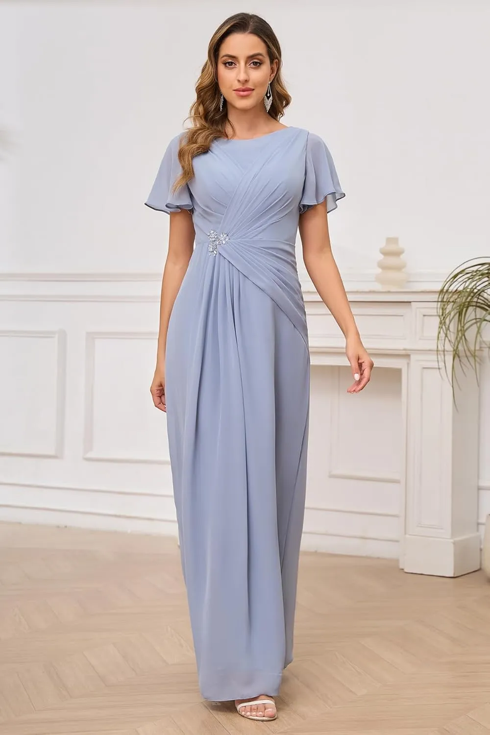 Short Sleeve Mother of The Bride Dresses for Women Scoop Neck Pleated Chiffon Long Formal Evening Gown