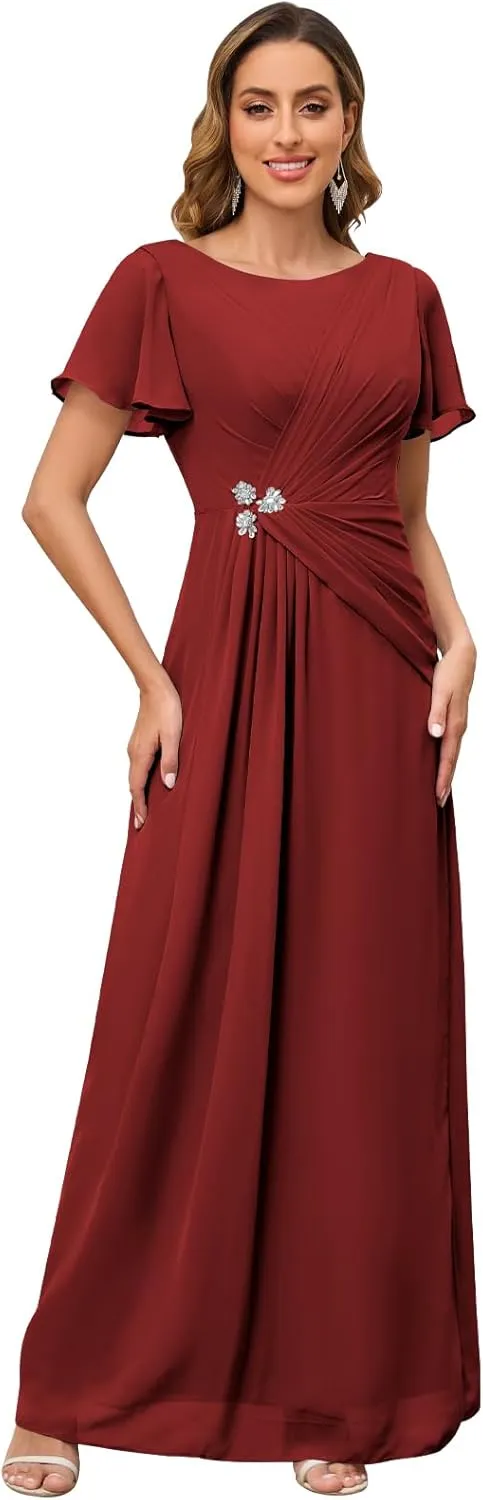 Short Sleeve Mother of The Bride Dresses for Women Scoop Neck Pleated Chiffon Long Formal Evening Gown