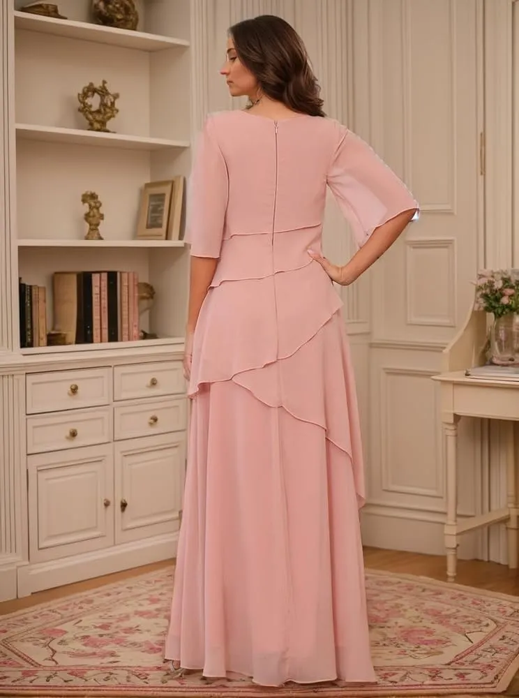 Short Sleeves Mother of The Bride Dresses for Women Ruffle Chiffon Layered Formal Evening Party Dress