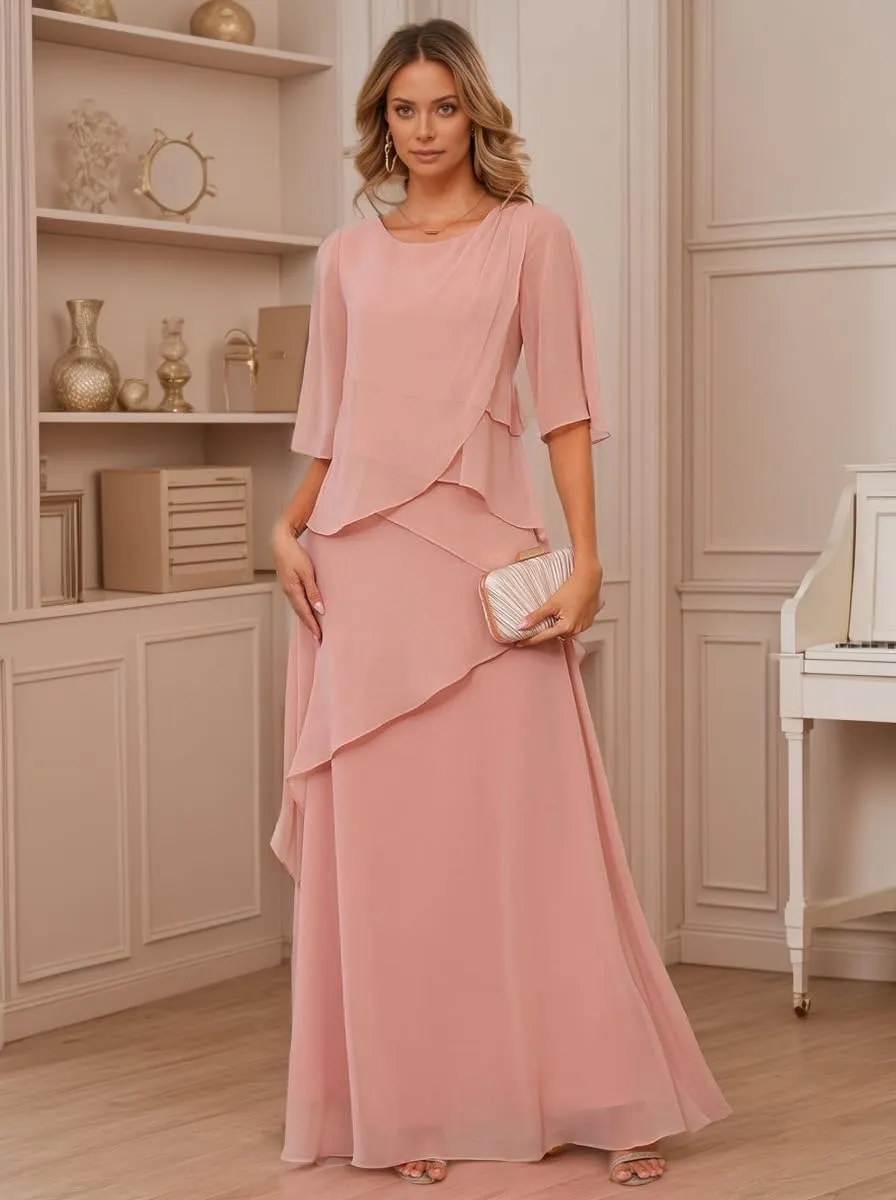 Short Sleeves Mother of The Bride Dresses for Women Ruffle Chiffon Layered Formal Evening Party Dress