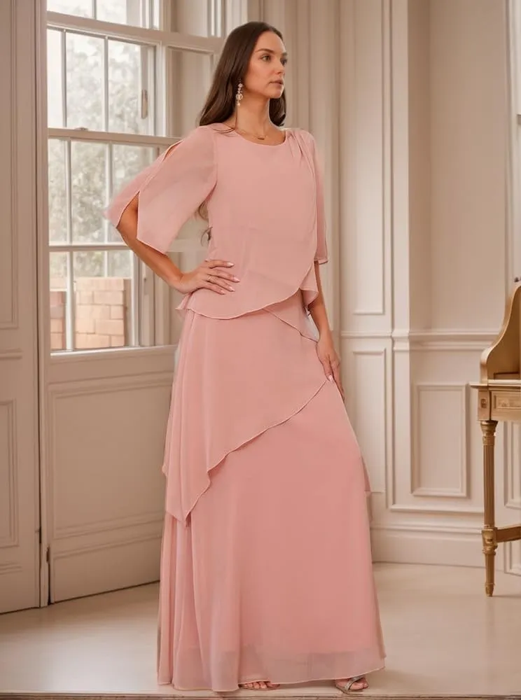 Short Sleeves Mother of The Bride Dresses for Women Ruffle Chiffon Layered Formal Evening Party Dress