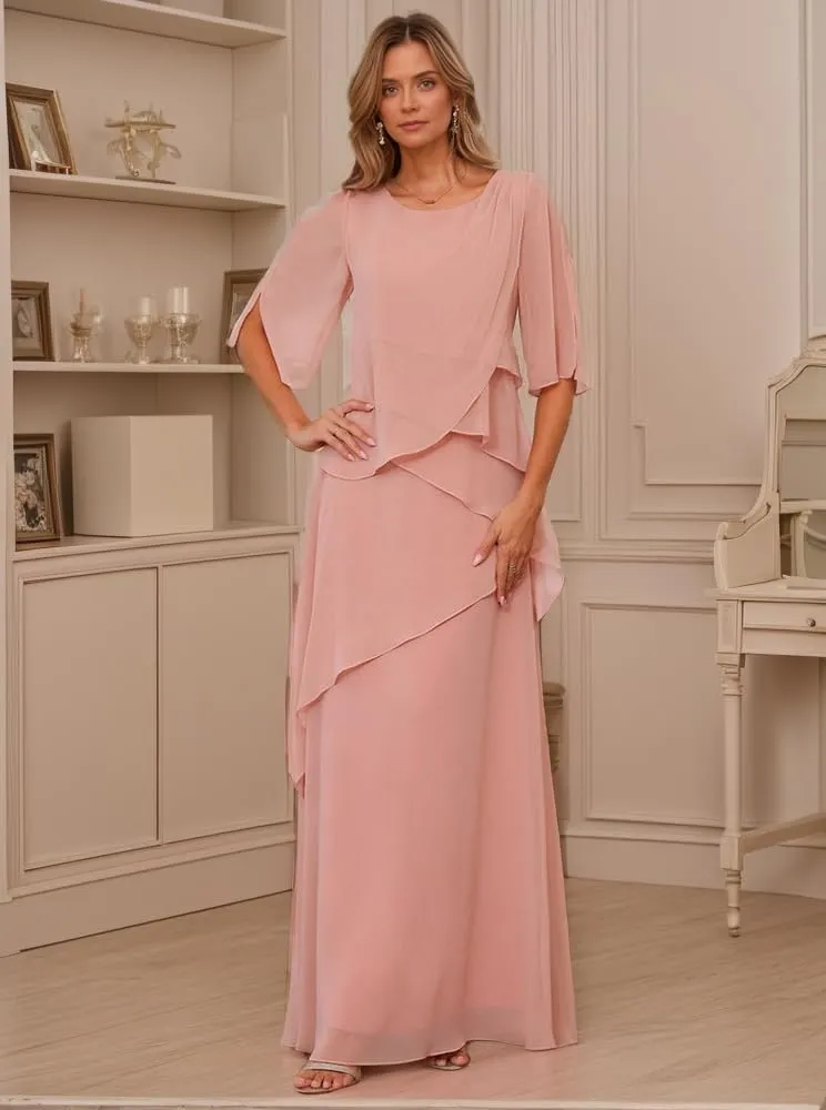 Short Sleeves Mother of The Bride Dresses for Women Ruffle Chiffon Layered Formal Evening Party Dress