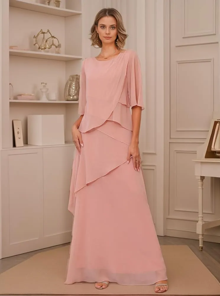 Short Sleeves Mother of The Bride Dresses for Women Ruffle Chiffon Layered Formal Evening Party Dress