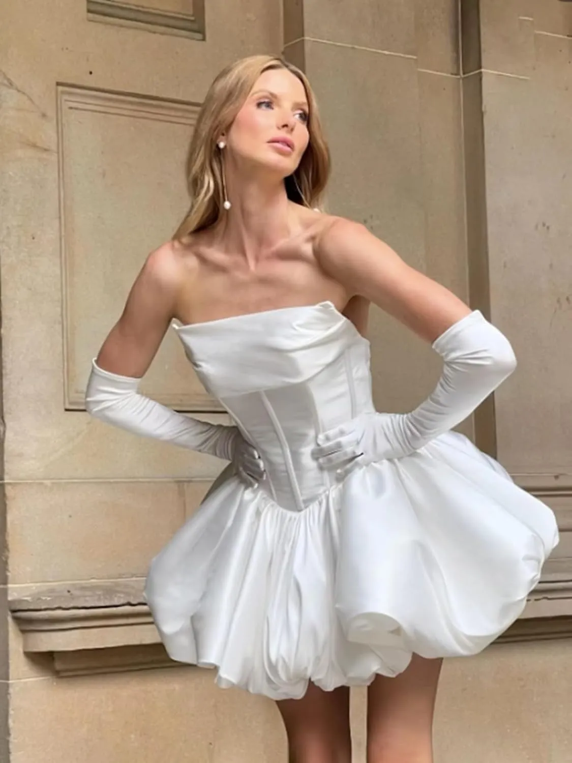Simple Short Satin Wedding Dresses for Bride 2025 Formal Engagement Elopement Strapless Bridal Shower Dress for Women