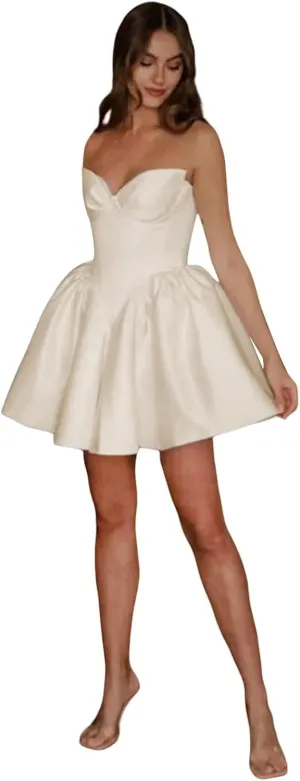 Simple Short Satin Wedding Dresses for Bride 2025 Formal Engagement Elopement Strapless Bridal Shower Dress for Women