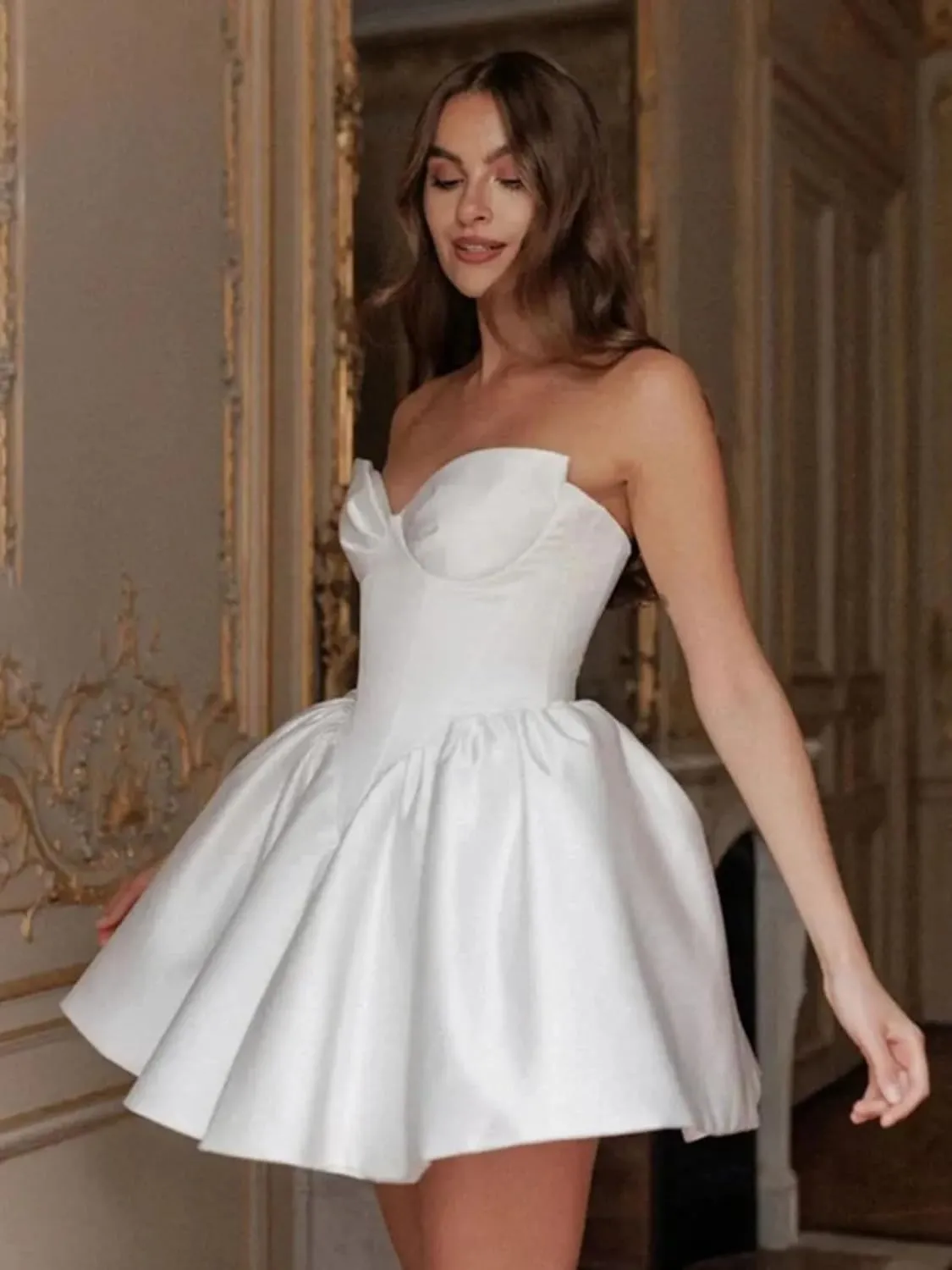 Simple Short Satin Wedding Dresses for Bride 2025 Formal Engagement Elopement Strapless Bridal Shower Dress for Women