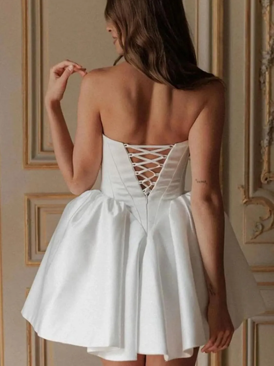 Simple Short Satin Wedding Dresses for Bride 2025 Formal Engagement Elopement Strapless Bridal Shower Dress for Women