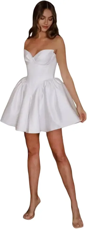 Simple Short Satin Wedding Dresses for Bride 2025 Formal Engagement Elopement Strapless Bridal Shower Dress for Women