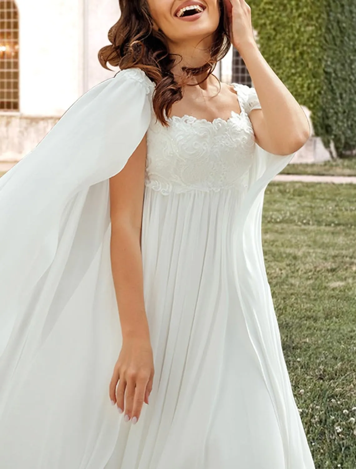 Simple Wedding Dresses for Bride Square Neck Appplique Long Sleeveless Chiffon Bridal Gown with Cape