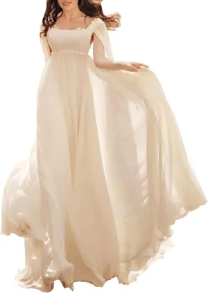 Simple Wedding Dresses for Bride Square Neck Appplique Long Sleeveless Chiffon Bridal Gown with Cape