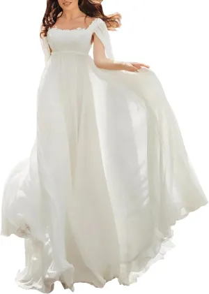 Simple Wedding Dresses for Bride Square Neck Appplique Long Sleeveless Chiffon Bridal Gown with Cape