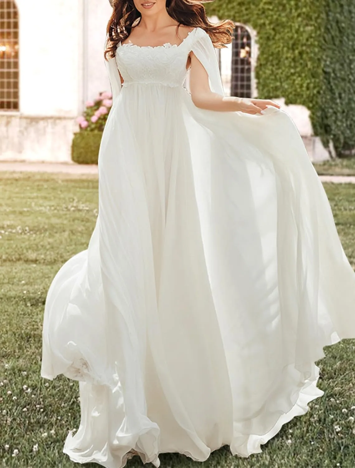 Simple Wedding Dresses for Bride Square Neck Appplique Long Sleeveless Chiffon Bridal Gown with Cape