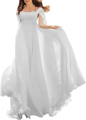 Simple Wedding Dresses for Bride Square Neck Appplique Long Sleeveless Chiffon Bridal Gown with Cape