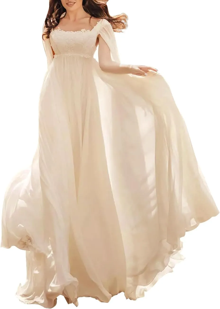Simple Wedding Dresses for Bride Square Neck Appplique Long Sleeveless Chiffon Bridal Gown with Cape