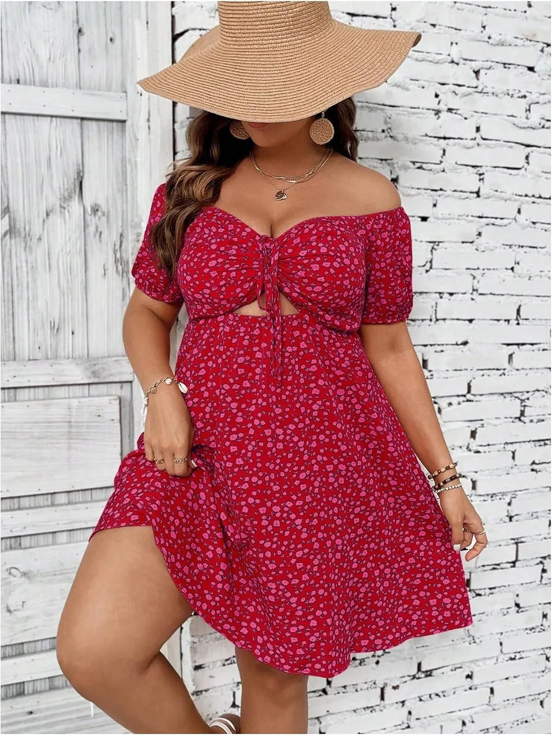 SOLY HUX Women's Plus Size Summer Dresses Off Shoulder Floral Print Short Sleeve Cut Out Tie Front A Line Short Dresses