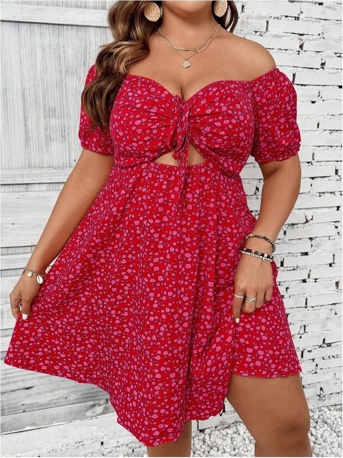 SOLY HUX Women's Plus Size Summer Dresses Off Shoulder Floral Print Short Sleeve Cut Out Tie Front A Line Short Dresses