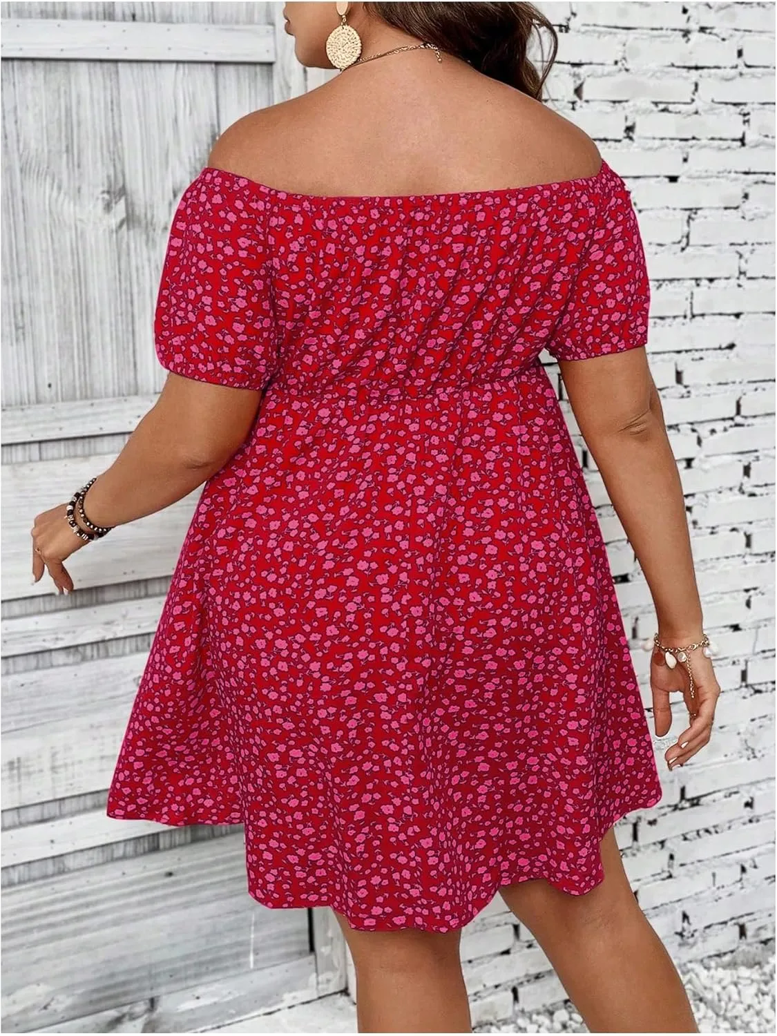 SOLY HUX Women's Plus Size Summer Dresses Off Shoulder Floral Print Short Sleeve Cut Out Tie Front A Line Short Dresses