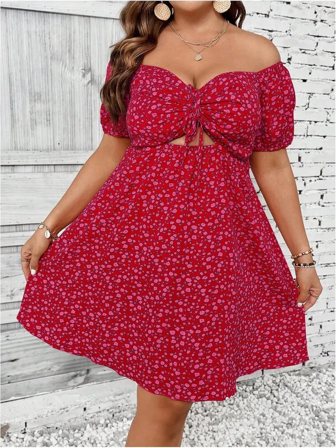 SOLY HUX Women's Plus Size Summer Dresses Off Shoulder Floral Print Short Sleeve Cut Out Tie Front A Line Short Dresses