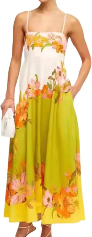 Spaghetti Strap Summer Maxi Dress 2024 Graphic Colorful Sun Dresses Vacation Maxi Sundress Flower Farm Boho Dresses (White/Yellow,Small)