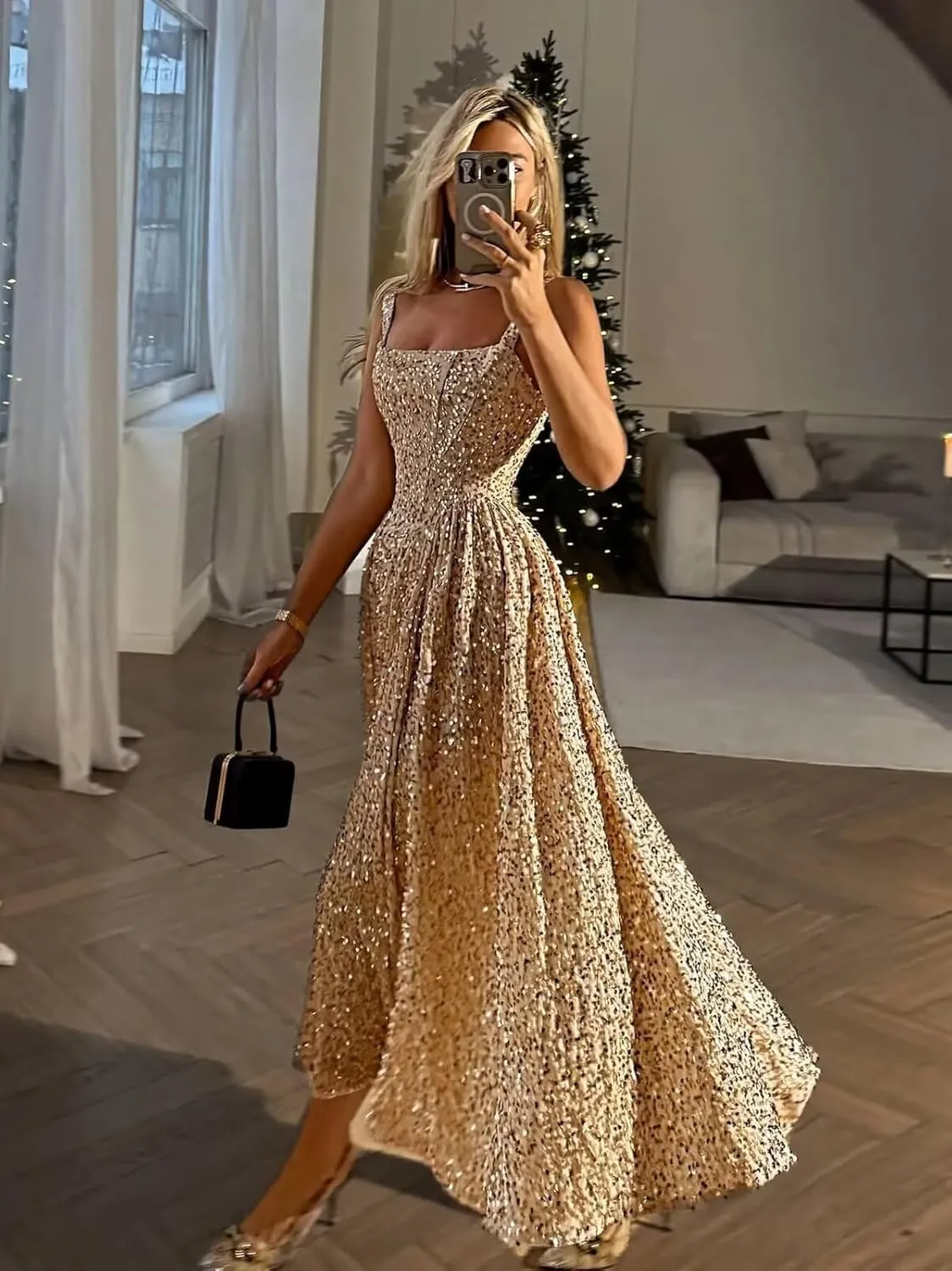 Sparkly Sequin Tea Length Prom Dresses for Teens A Line Evening Formal Party Gown