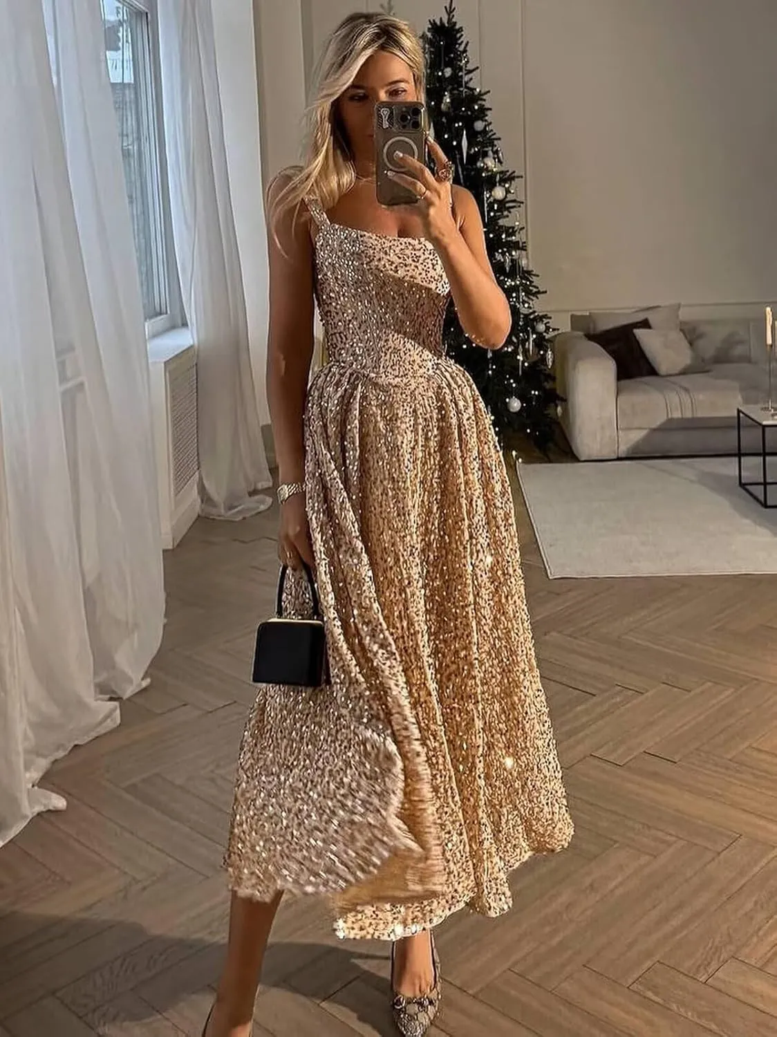 Sparkly Sequin Tea Length Prom Dresses for Teens A Line Evening Formal Party Gown