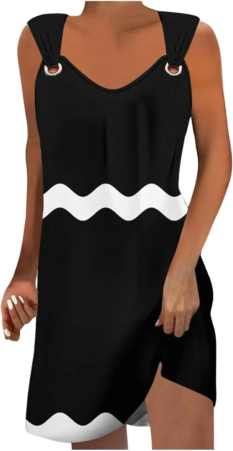 Spring Dresses for Women 2025 Mini Sun Dress Casual Floral Sundress Sleeveless Tank Crewneck Coverup Mini Dress