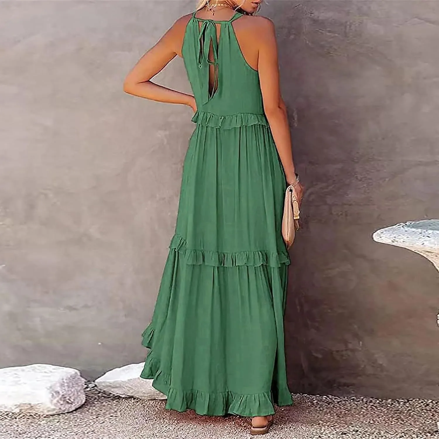 Spring Dresses for Women 2025, Womens Summer Dress Sleeveless Halter Layered Ruffles Casual Boho Flowy Maxi Dress