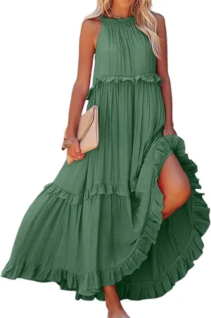 Spring Dresses for Women 2025, Womens Summer Dress Sleeveless Halter Layered Ruffles Casual Boho Flowy Maxi Dress