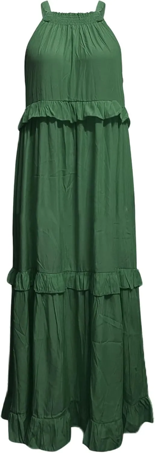 Spring Dresses for Women 2025, Womens Summer Dress Sleeveless Halter Layered Ruffles Casual Boho Flowy Maxi Dress