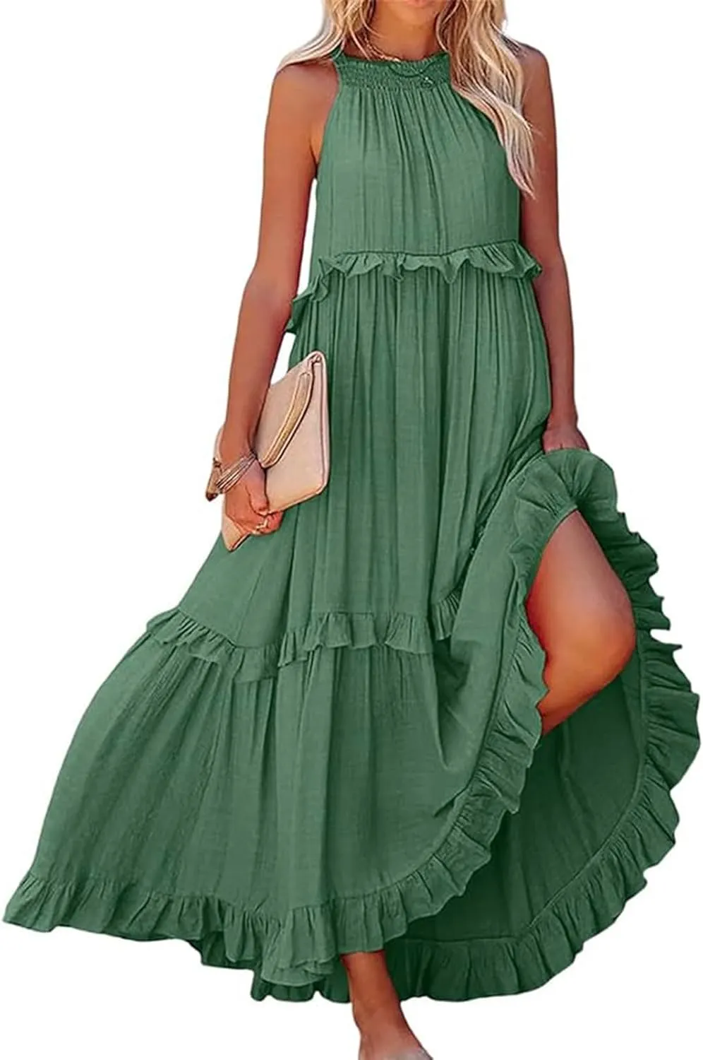 Spring Dresses for Women 2025, Womens Summer Dress Sleeveless Halter Layered Ruffles Casual Boho Flowy Maxi Dress