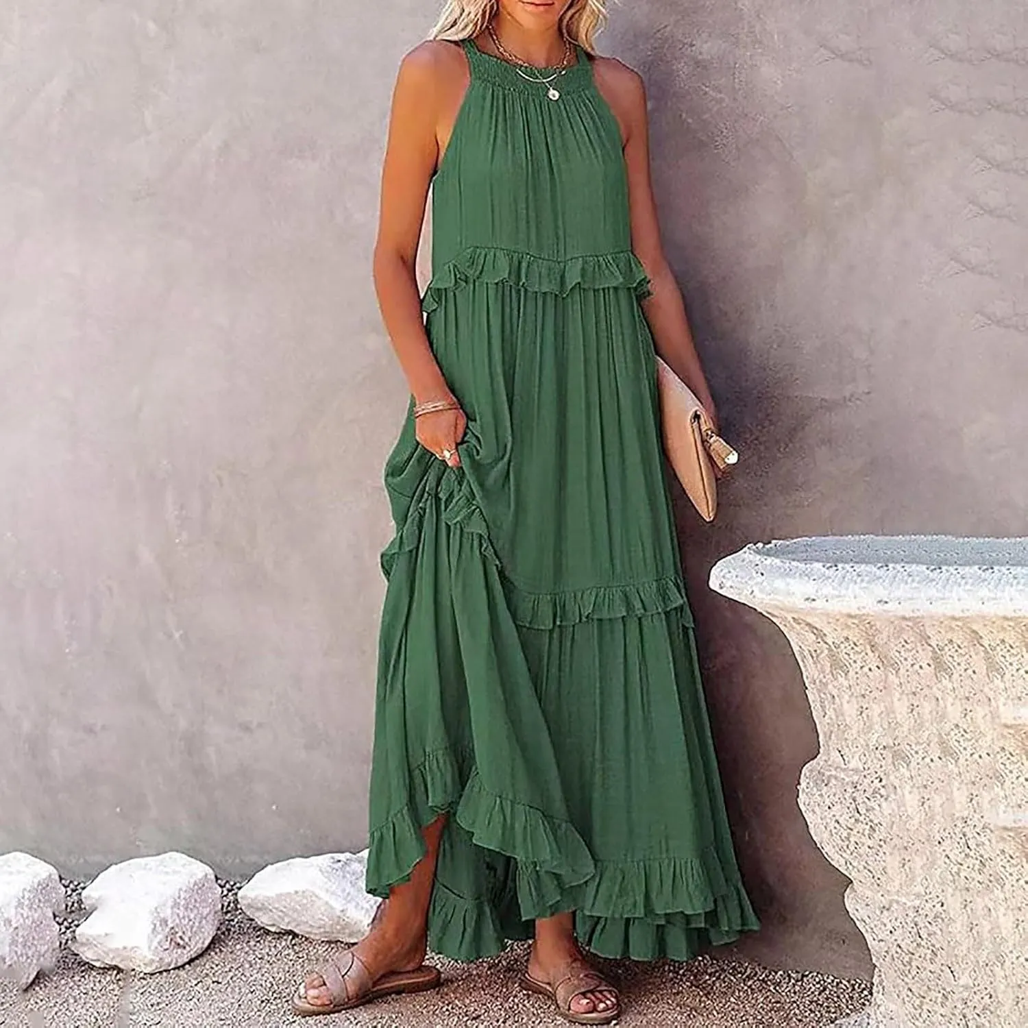 Spring Dresses for Women 2025, Womens Summer Dress Sleeveless Halter Layered Ruffles Casual Boho Flowy Maxi Dress