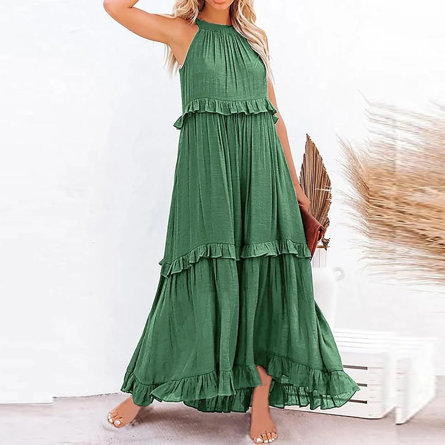Spring Dresses for Women 2025, Womens Summer Dress Sleeveless Halter Layered Ruffles Casual Boho Flowy Maxi Dress