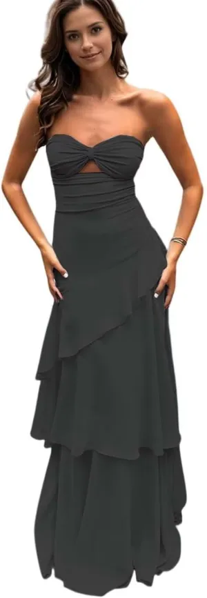 Strapless Bridesmaid Dresses for Women 2025 Tiered Ruffles Chiffon Prom Dresses Sweetheart A-Line Evening Gowns