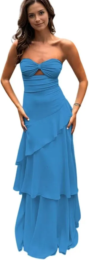 Strapless Bridesmaid Dresses for Women 2025 Tiered Ruffles Chiffon Prom Dresses Sweetheart A-Line Evening Gowns