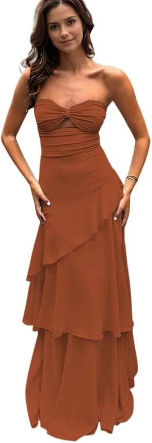 Strapless Bridesmaid Dresses for Women 2025 Tiered Ruffles Chiffon Prom Dresses Sweetheart A-Line Evening Gowns