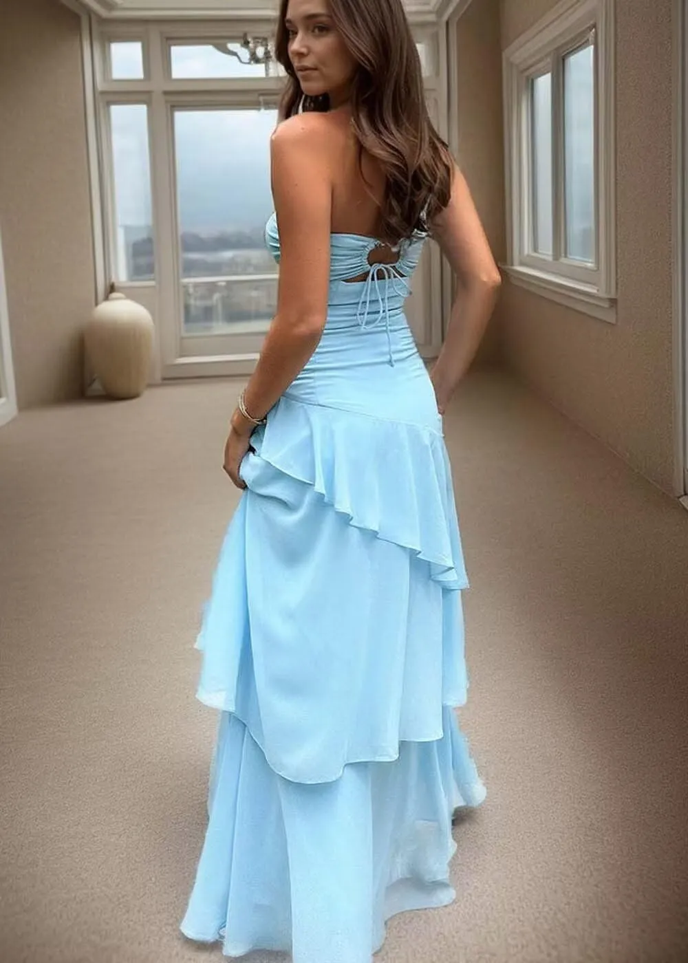 Strapless Bridesmaid Dresses for Women 2025 Tiered Ruffles Chiffon Prom Dresses Sweetheart A-Line Evening Gowns