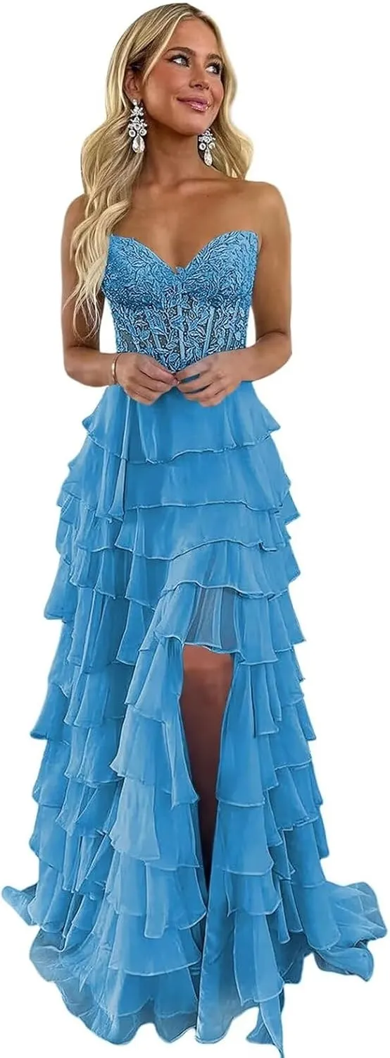 Strapless Lace Applique Prom Dresses 2025 for Women Tiered Ruffles Chiffon Long Formal Evening Gowns with Slit