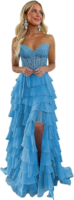 Strapless Lace Applique Prom Dresses 2025 for Women Tiered Ruffles Chiffon Long Formal Evening Gowns with Slit