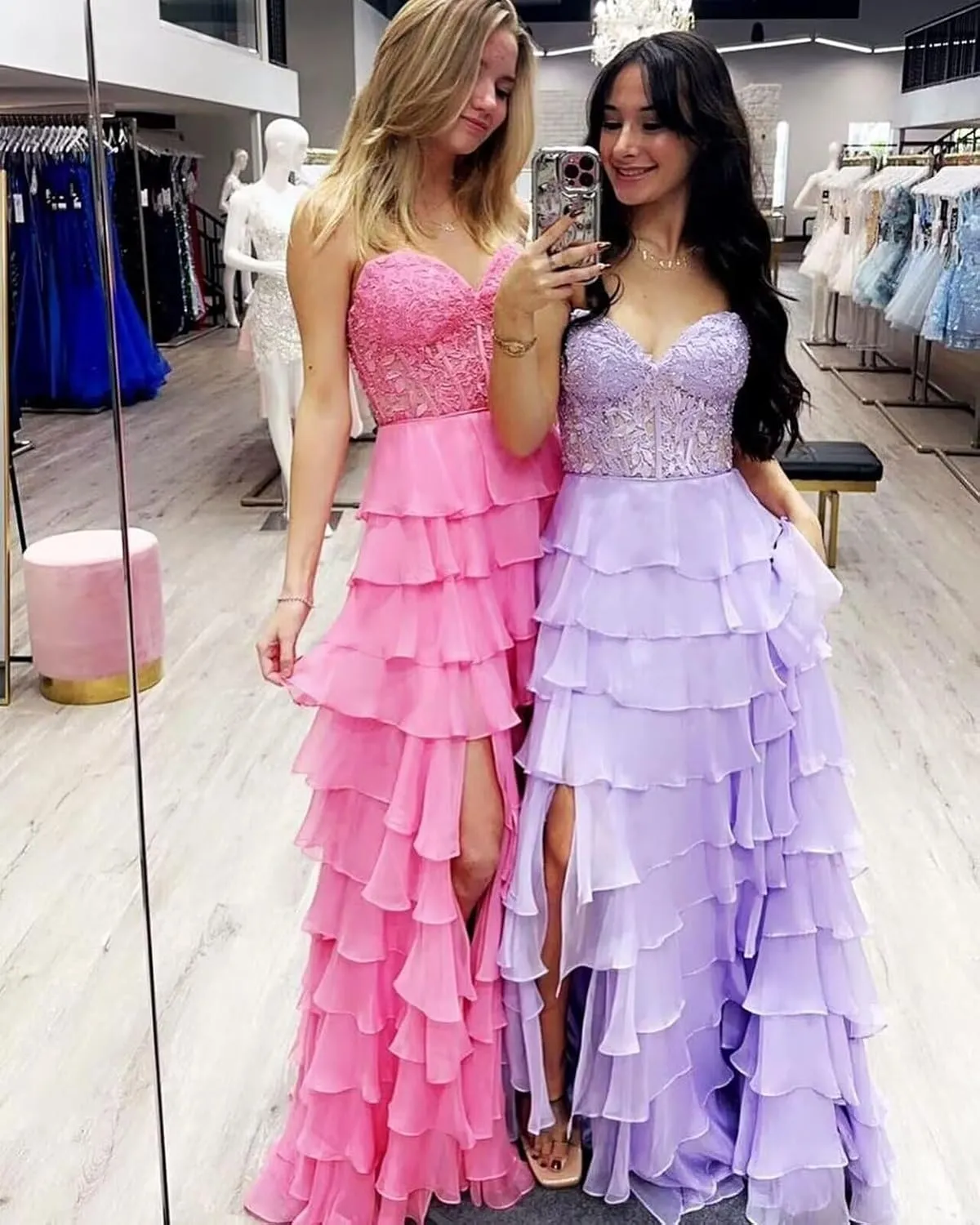 Strapless Lace Applique Prom Dresses 2025 for Women Tiered Ruffles Chiffon Long Formal Evening Gowns with Slit